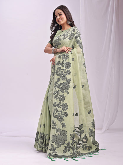 SUTRITI Mint Green Floral Printed Saree for Women | Soft Lightweight Day-to-Night Saree | Elegant Border & Pallu Floral Design | Includes Unstitched Blouse Piece