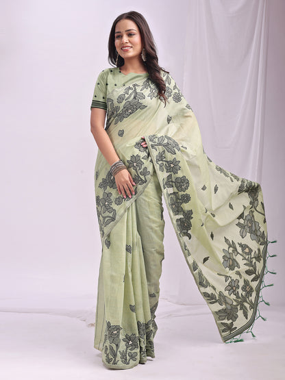 SUTRITI Mint Green Floral Printed Saree for Women | Soft Lightweight Day-to-Night Saree | Elegant Border & Pallu Floral Design | Includes Unstitched Blouse Piece