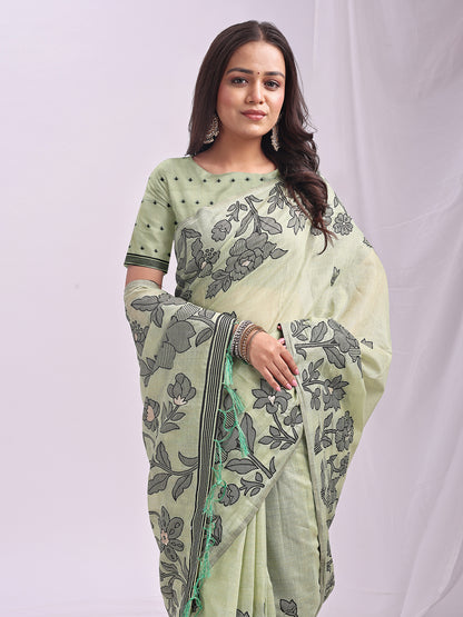 SUTRITI Mint Green Floral Printed Saree for Women | Soft Lightweight Day-to-Night Saree | Elegant Border & Pallu Floral Design | Includes Unstitched Blouse Piece