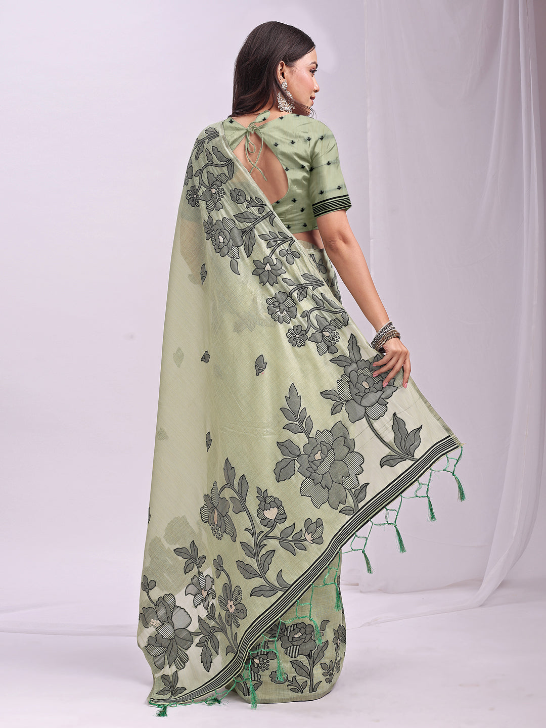 SUTRITI Mint Green Floral Printed Saree for Women | Soft Lightweight Day-to-Night Saree | Elegant Border & Pallu Floral Design | Includes Unstitched Blouse Piece