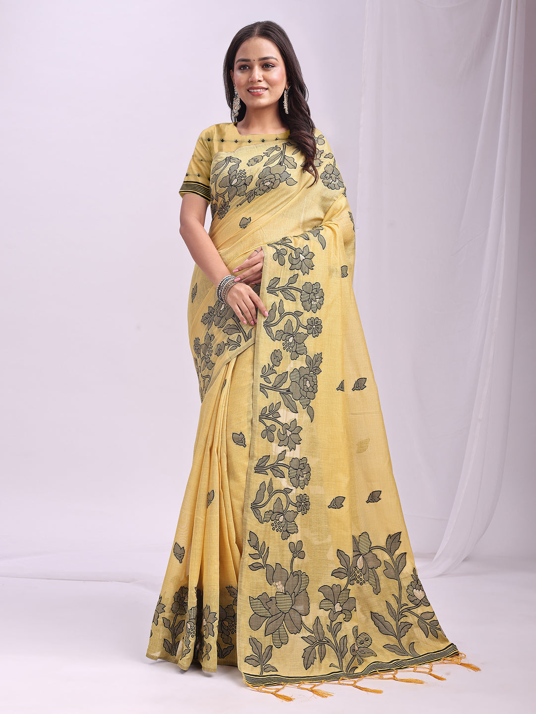 SUTRITI Yellow Floral Printed Saree for Women | Soft Lightweight Day-to-Night Saree | Elegant Border & Pallu Floral Design | Includes Unstitched Blouse Piece
