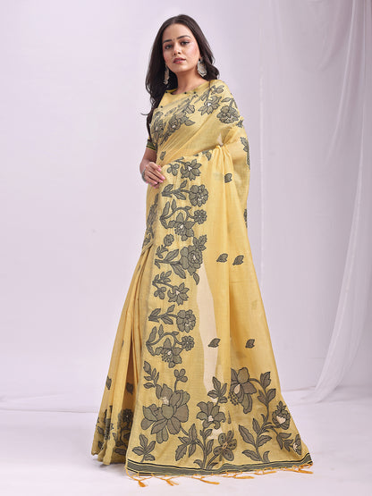 SUTRITI Yellow Floral Printed Saree for Women | Soft Lightweight Day-to-Night Saree | Elegant Border & Pallu Floral Design | Includes Unstitched Blouse Piece