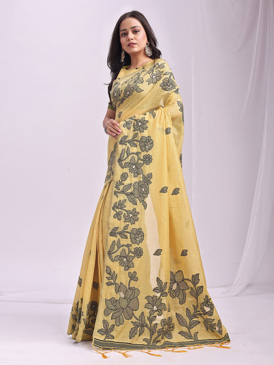 SUTRITI Yellow Floral Printed Saree for Women | Soft Lightweight Day-to-Night Saree | Elegant Border & Pallu Floral Design | Includes Unstitched Blouse Piece