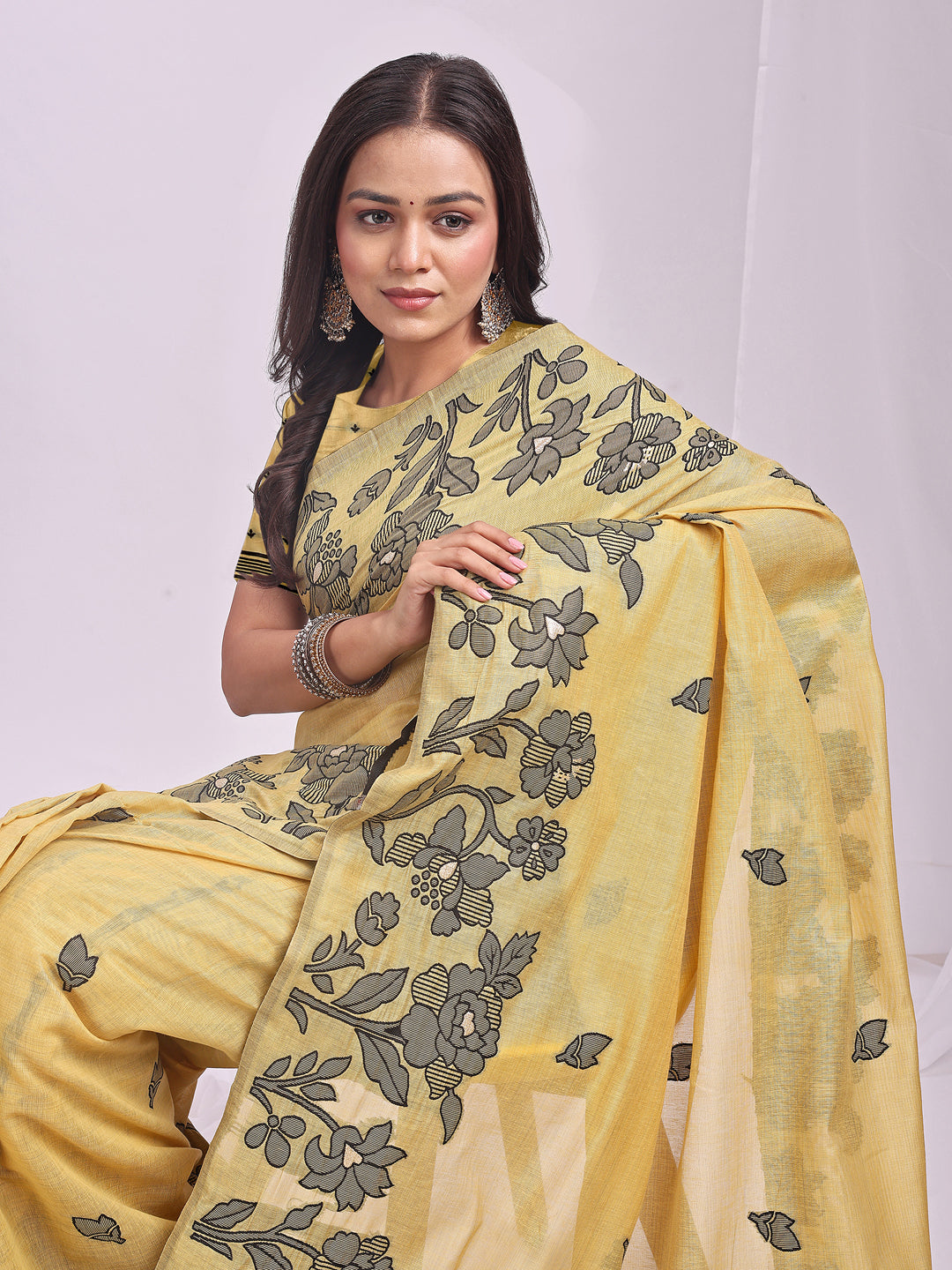 SUTRITI Yellow Floral Printed Saree for Women | Soft Lightweight Day-to-Night Saree | Elegant Border & Pallu Floral Design | Includes Unstitched Blouse Piece