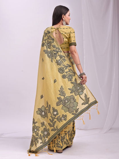 SUTRITI Yellow Floral Printed Saree for Women | Soft Lightweight Day-to-Night Saree | Elegant Border & Pallu Floral Design | Includes Unstitched Blouse Piece