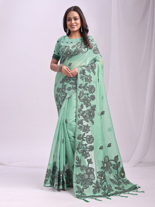 SUTRITI Sea Green Floral Printed Saree for Women | Soft Lightweight Day-to-Night Saree | Elegant Border & Pallu Floral Design | Includes Unstitched Blouse Piece