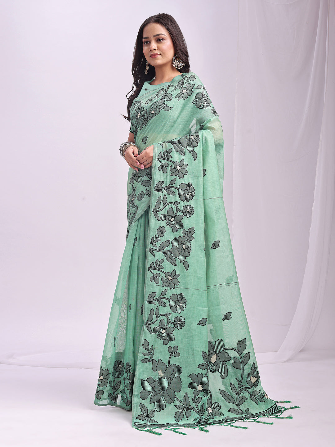 SUTRITI Sea Green Floral Printed Saree for Women | Soft Lightweight Day-to-Night Saree | Elegant Border & Pallu Floral Design | Includes Unstitched Blouse Piece