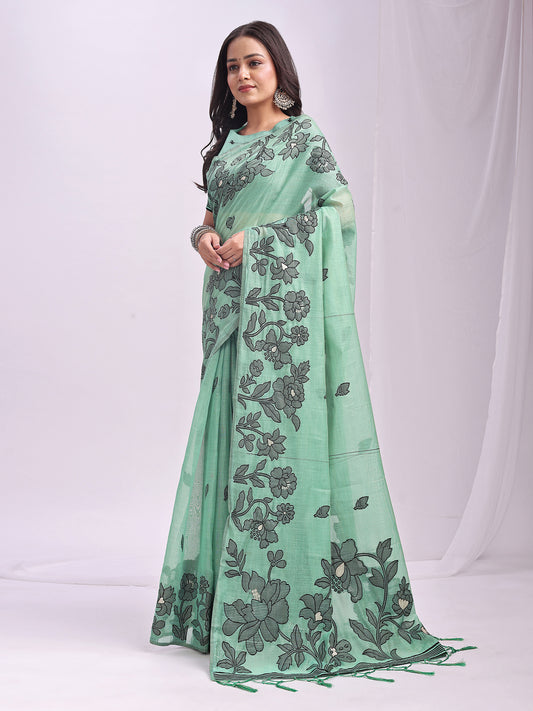 SUTRITI Sea Green Floral Printed Saree for Women | Soft Lightweight Day-to-Night Saree | Elegant Border & Pallu Floral Design | Includes Unstitched Blouse Piece