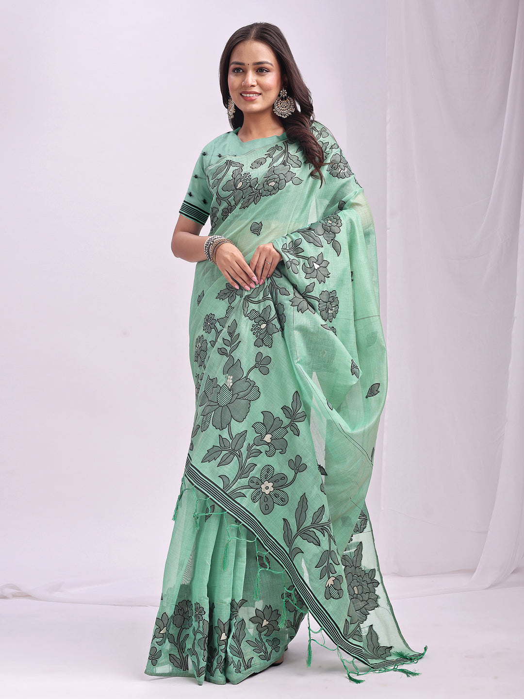 SUTRITI Sea Green Floral Printed Saree for Women | Soft Lightweight Day-to-Night Saree | Elegant Border & Pallu Floral Design | Includes Unstitched Blouse Piece