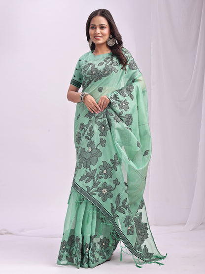 SUTRITI Sea Green Floral Printed Saree for Women | Soft Lightweight Day-to-Night Saree | Elegant Border & Pallu Floral Design | Includes Unstitched Blouse Piece