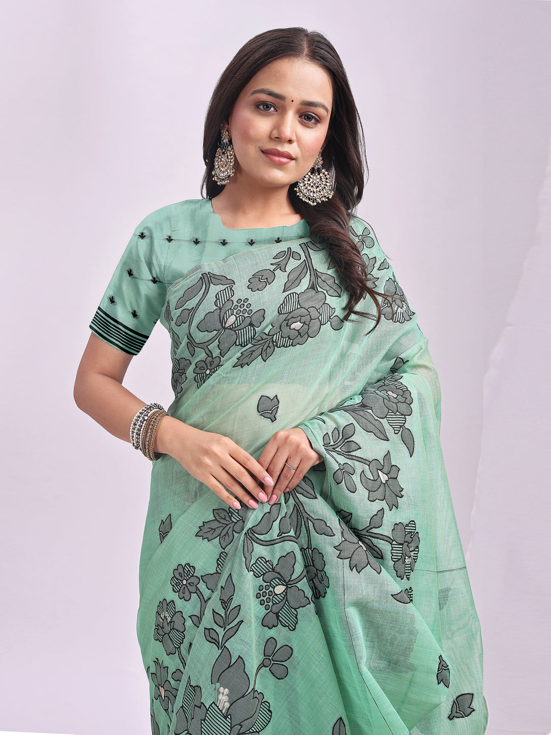 SUTRITI Sea Green Floral Printed Saree for Women | Soft Lightweight Day-to-Night Saree | Elegant Border & Pallu Floral Design | Includes Unstitched Blouse Piece