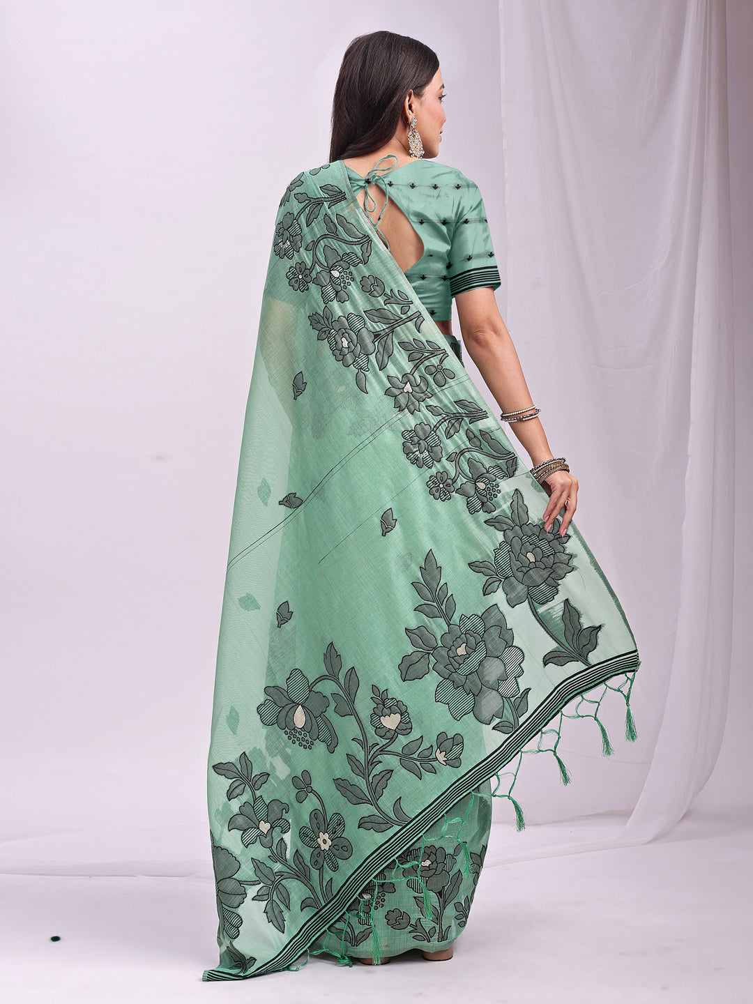 SUTRITI Sea Green Floral Printed Saree for Women | Soft Lightweight Day-to-Night Saree | Elegant Border & Pallu Floral Design | Includes Unstitched Blouse Piece
