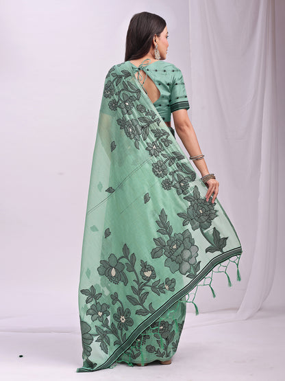 SUTRITI Sea Green Floral Printed Saree for Women | Soft Lightweight Day-to-Night Saree | Elegant Border & Pallu Floral Design | Includes Unstitched Blouse Piece