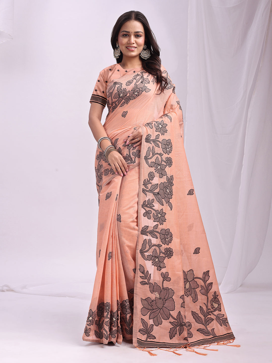 SUTRITI Peach Floral Printed Saree for Women | Soft Lightweight Day-to-Night Saree | Elegant Border & Pallu Floral Design | Includes Unstitched Blouse Piece