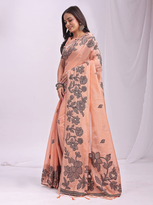 SUTRITI Peach Floral Printed Saree for Women | Soft Lightweight Day-to-Night Saree | Elegant Border & Pallu Floral Design | Includes Unstitched Blouse Piece