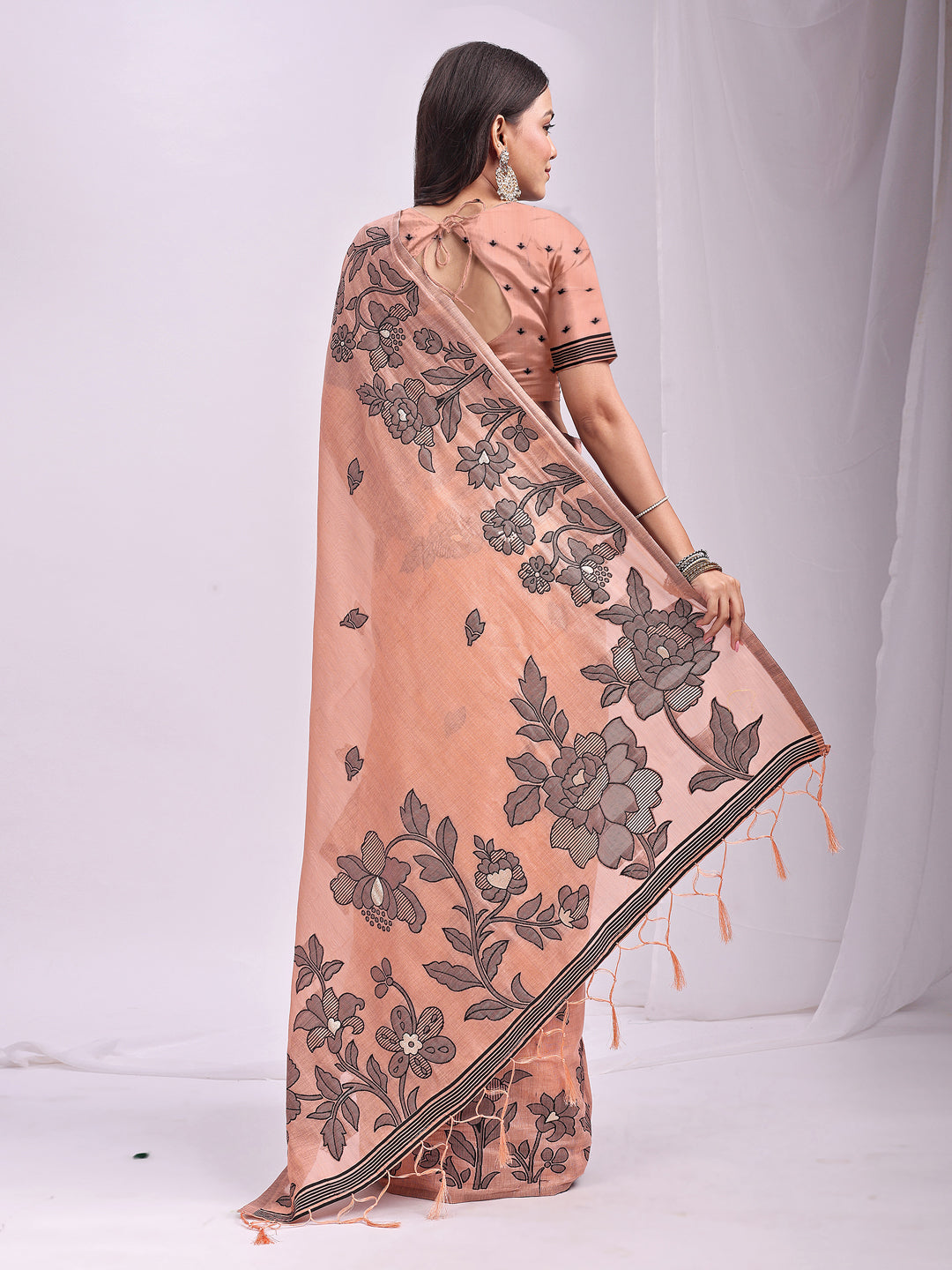 SUTRITI Peach Floral Printed Saree for Women | Soft Lightweight Day-to-Night Saree | Elegant Border & Pallu Floral Design | Includes Unstitched Blouse Piece