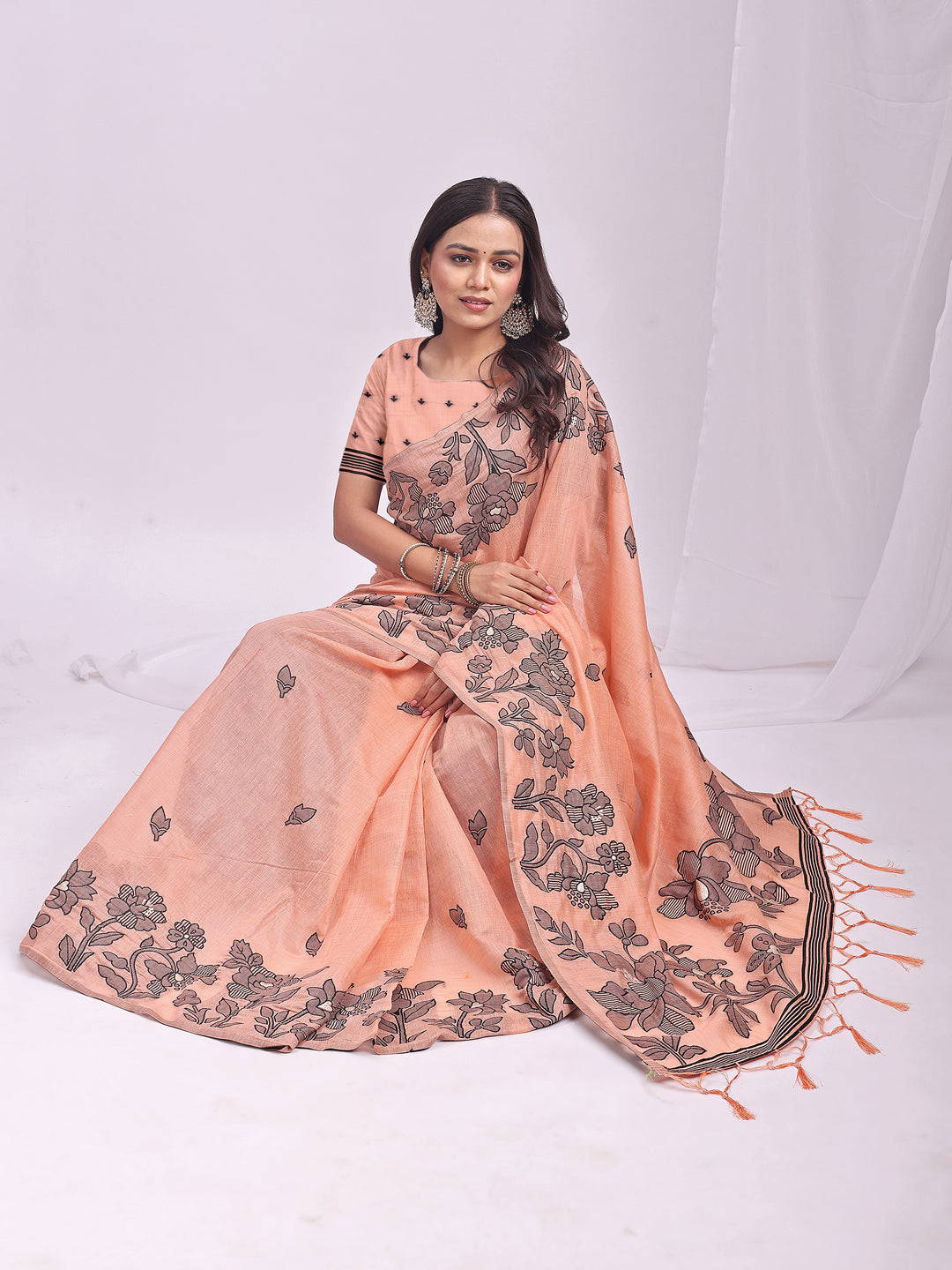 SUTRITI Peach Floral Printed Saree for Women | Soft Lightweight Day-to-Night Saree | Elegant Border & Pallu Floral Design | Includes Unstitched Blouse Piece