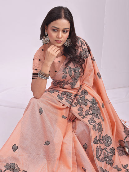 SUTRITI Peach Floral Printed Saree for Women | Soft Lightweight Day-to-Night Saree | Elegant Border & Pallu Floral Design | Includes Unstitched Blouse Piece
