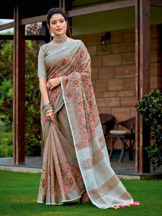 Sutriti Women Premium Linen Saree with Placement Embroidery and Tassel Pallu
