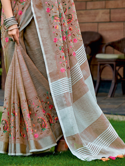 Sutriti Women Premium Linen Saree with Placement Embroidery and Tassel Pallu