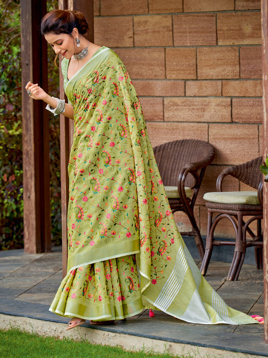 Sutriti Women Premium Linen Saree with Placement Embroidery and Tassel Pallu