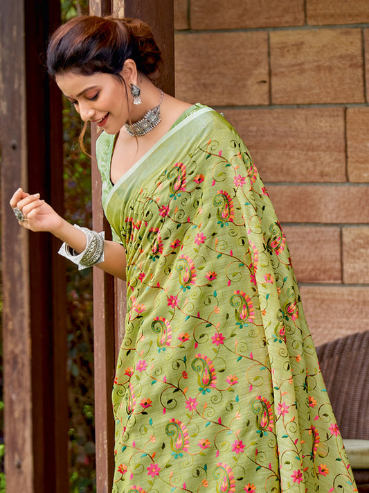 Sutriti Women Premium Linen Saree with Placement Embroidery and Tassel Pallu