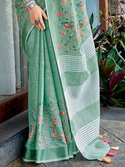 Sutriti Women Premium Linen Saree with Placement Embroidery and Tassel Pallu