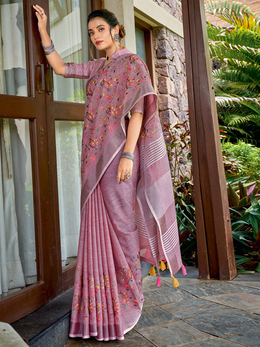 Sutriti Women Premium Linen Saree with Placement Embroidery and Tassel Pallu