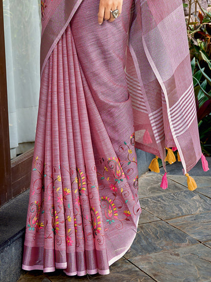 Sutriti Women Premium Linen Saree with Placement Embroidery and Tassel Pallu