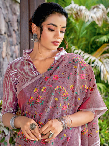 Sutriti Women Premium Linen Saree with Placement Embroidery and Tassel Pallu