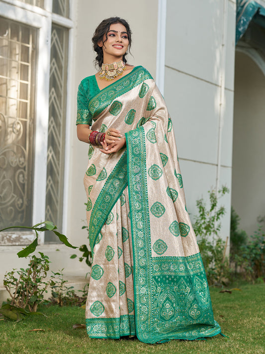 Sutriti Women's Beige Banarasi Silk Saree with Green Border | Festive Wedding PSofty Ethnic Wear