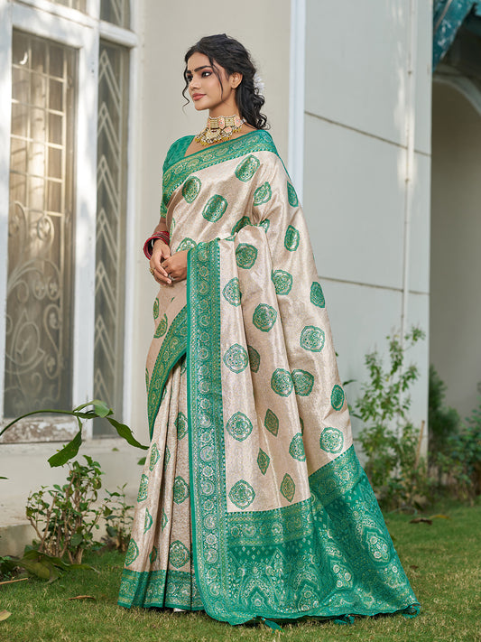 Sutriti Women's Beige Banarasi Silk Saree with Green Border | Festive Wedding PSofty Ethnic Wear
