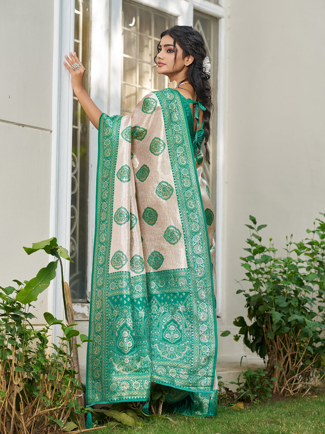 Sutriti Women's Beige Banarasi Silk Saree with Green Border | Festive Wedding PSofty Ethnic Wear