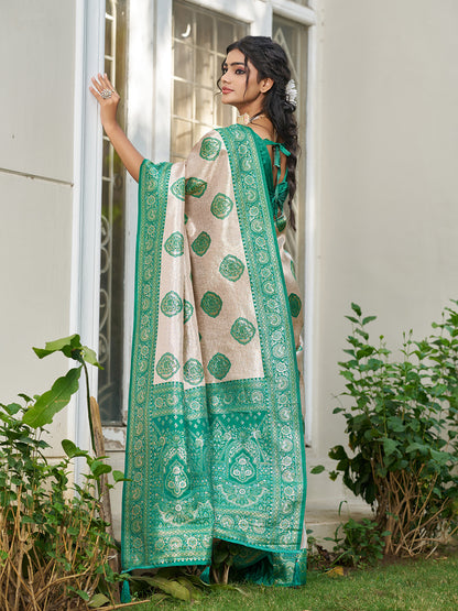 Sutriti Women's Beige Banarasi Silk Saree with Green Border | Festive Wedding PSofty Ethnic Wear