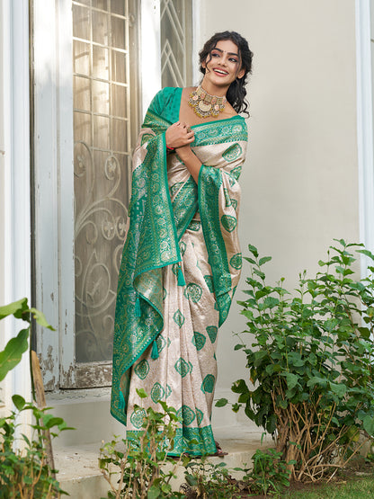 Sutriti Women's Beige Banarasi Silk Saree with Green Border | Festive Wedding PSofty Ethnic Wear