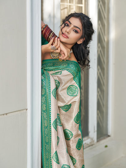 Sutriti Women's Beige Banarasi Silk Saree with Green Border | Festive Wedding PSofty Ethnic Wear