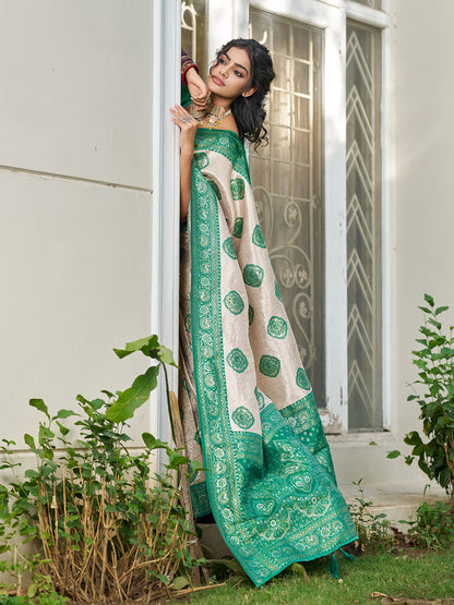 Sutriti Women's Beige Banarasi Silk Saree with Green Border | Festive Wedding PSofty Ethnic Wear