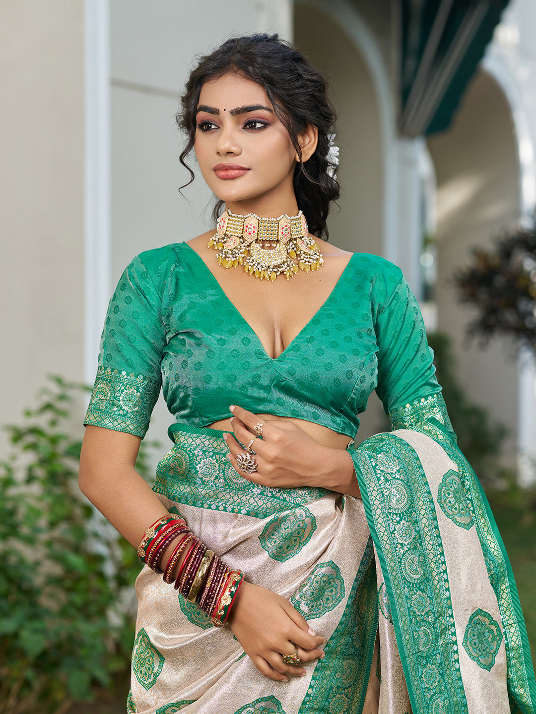 Sutriti Women's Beige Banarasi Silk Saree with Green Border | Festive Wedding PSofty Ethnic Wear