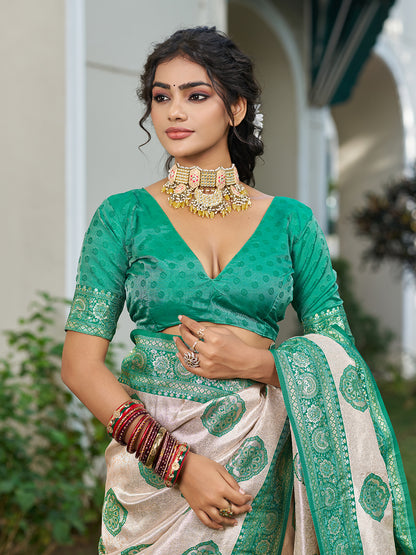 Sutriti Women's Beige Banarasi Silk Saree with Green Border | Festive Wedding PSofty Ethnic Wear