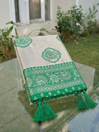 Sutriti Women's Beige Banarasi Silk Saree with Green Border | Festive Wedding PSofty Ethnic Wear