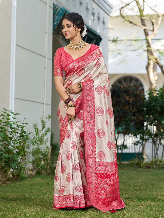 Sutriti Women's Beige Banarasi Silk Saree with Red Border | Festive Wedding PSofty Ethnic Wear
