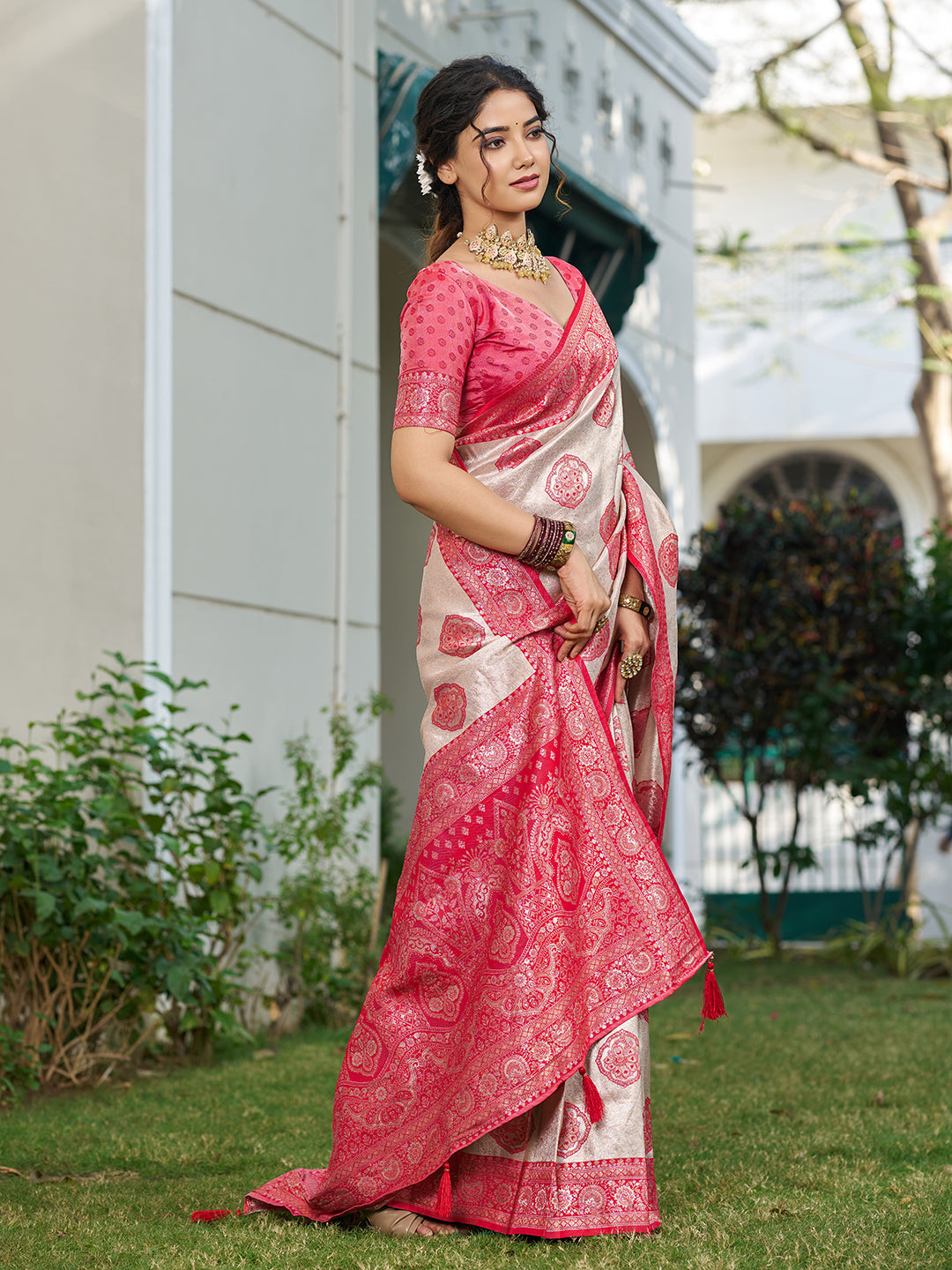 Sutriti Women's Beige Banarasi Silk Saree with Red Border | Festive Wedding PSofty Ethnic Wear