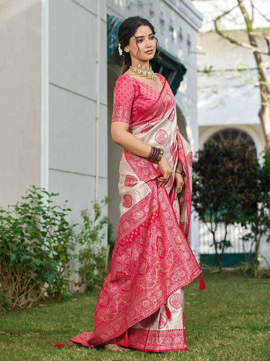 Sutriti Women's Beige Banarasi Silk Saree with Red Border | Festive Wedding PSofty Ethnic Wear