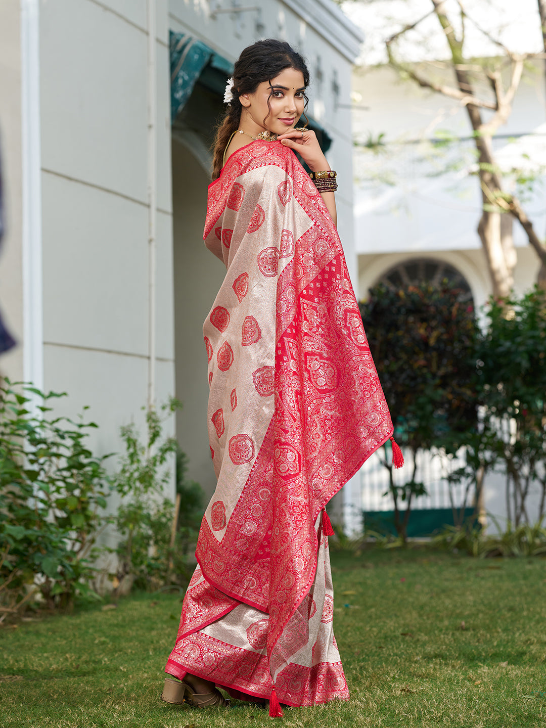 Sutriti Women's Beige Banarasi Silk Saree with Red Border | Festive Wedding PSofty Ethnic Wear