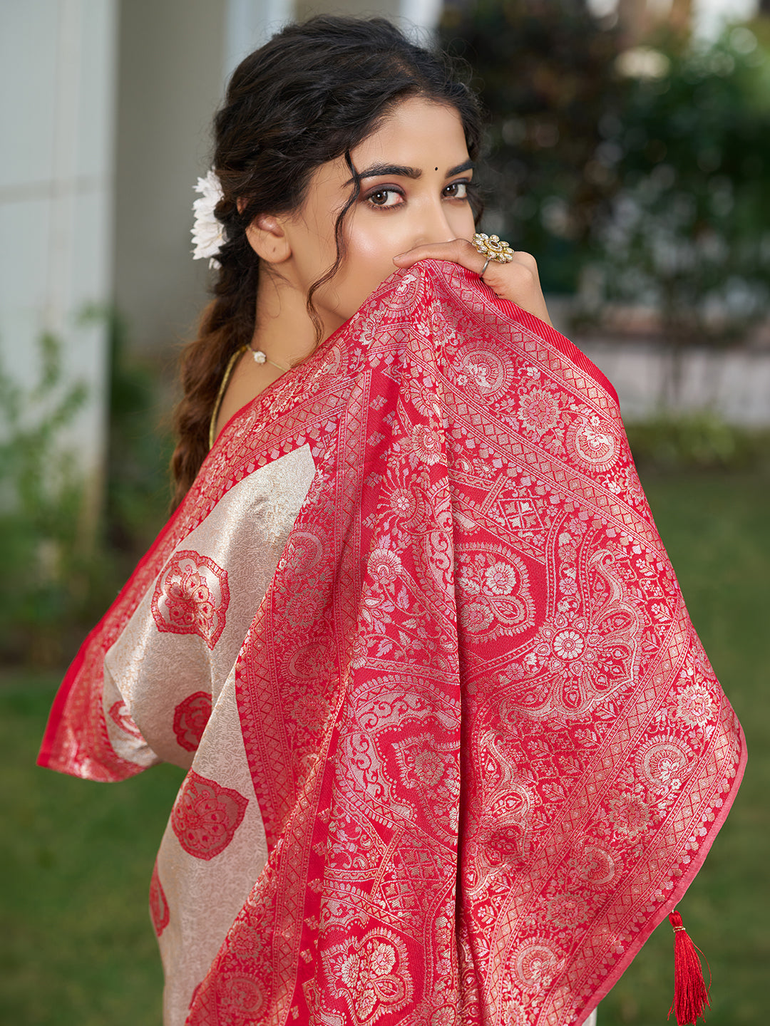Sutriti Women's Beige Banarasi Silk Saree with Red Border | Festive Wedding PSofty Ethnic Wear