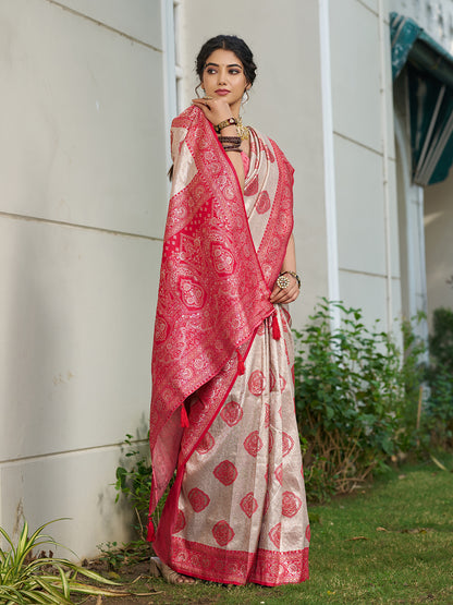 Sutriti Women's Beige Banarasi Silk Saree with Red Border | Festive Wedding PSofty Ethnic Wear