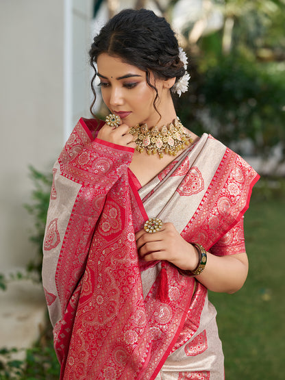 Sutriti Women's Beige Banarasi Silk Saree with Red Border | Festive Wedding PSofty Ethnic Wear