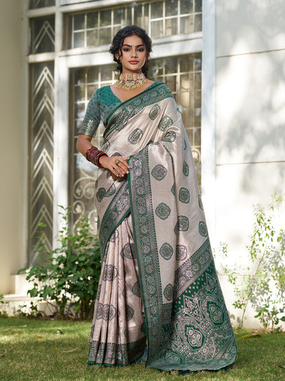 Sutriti Women's Beige Banarasi Silk Saree with Dark Green Border | Festive Wedding PSofty Ethnic