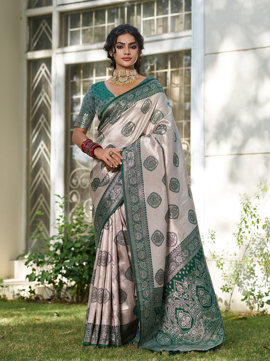 Sutriti Women's Beige Banarasi Silk Saree with Dark Green Border | Festive Wedding PSofty Ethnic