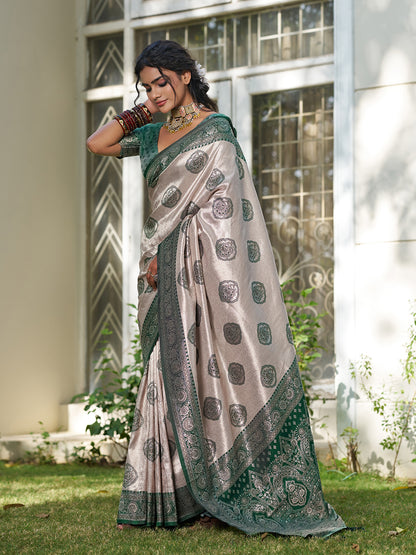 Sutriti Women's Beige Banarasi Silk Saree with Dark Green Border | Festive Wedding PSofty Ethnic